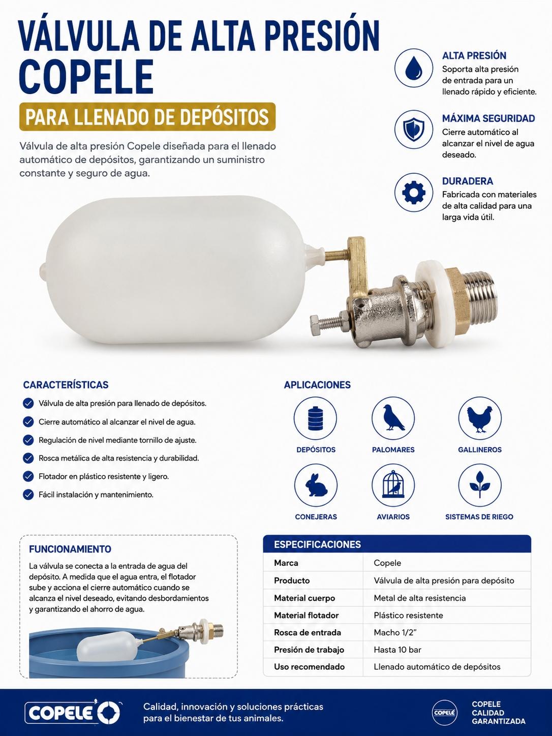 Válvula de alta presión Copele para llenado automático de depósitos