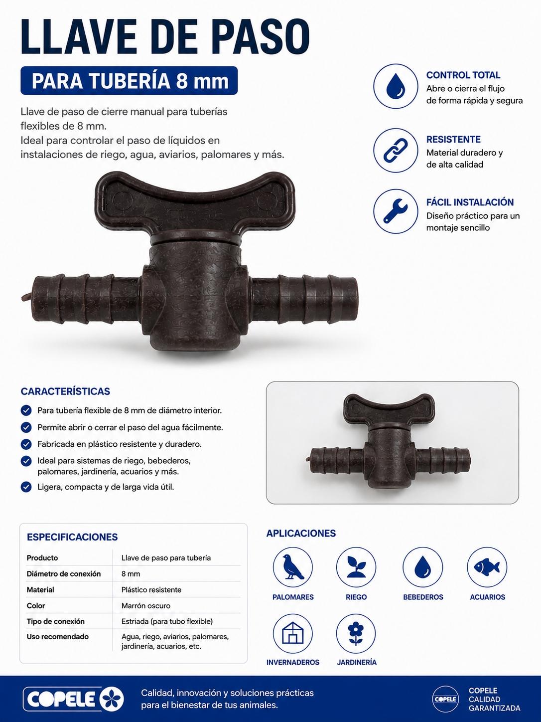 Llave de Paso Copele para Tubería de 8 mm